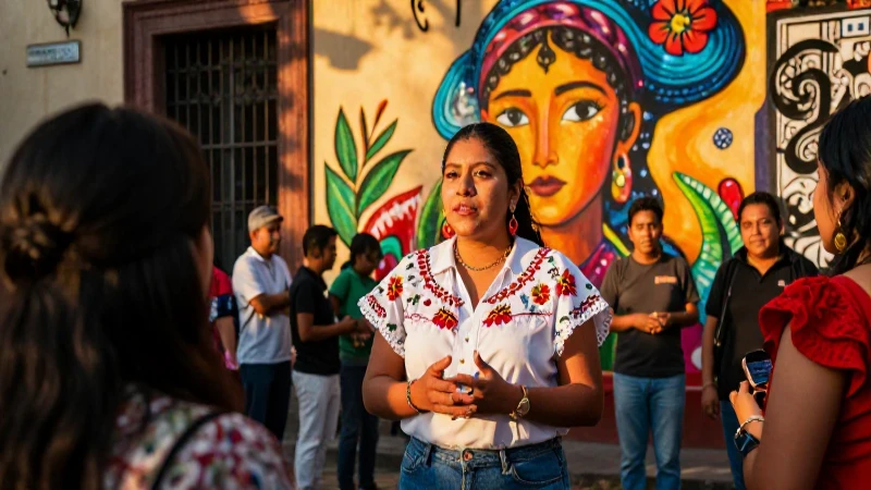 Promotora mexicana vibrante en arte callejero de CDMX