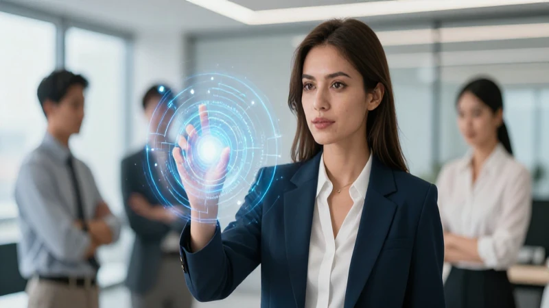 Mujer profesional interactúa con tecnología de bienestar digital