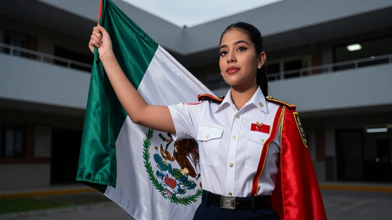 Joven guard mexicano con bandera en uniforme