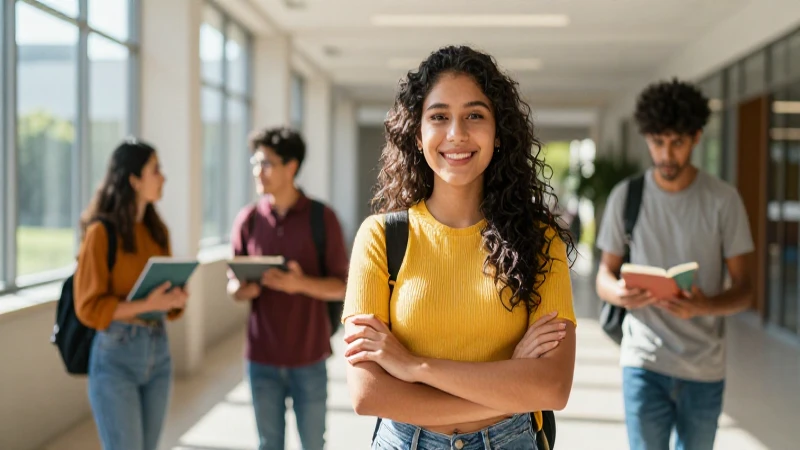 Joven mexicana sonríe en moderno campus