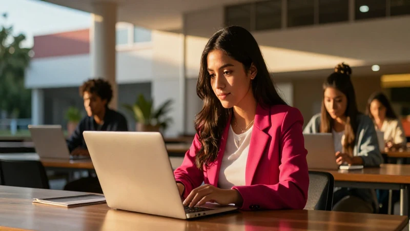 Estudiante mexicana estudiando en campus moderno