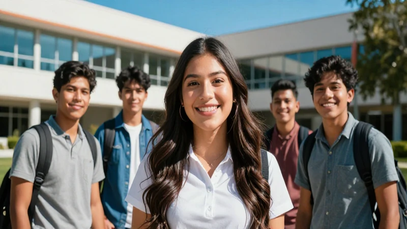 Estudiante mexicano sonriente en campus moderno y vibrante