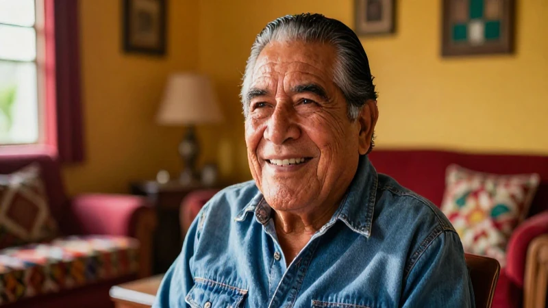 Anciano mexicano sonriente en casa cálida