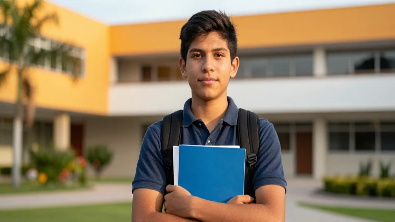 Joven estudiante mexicano exitoso en campus moderno
