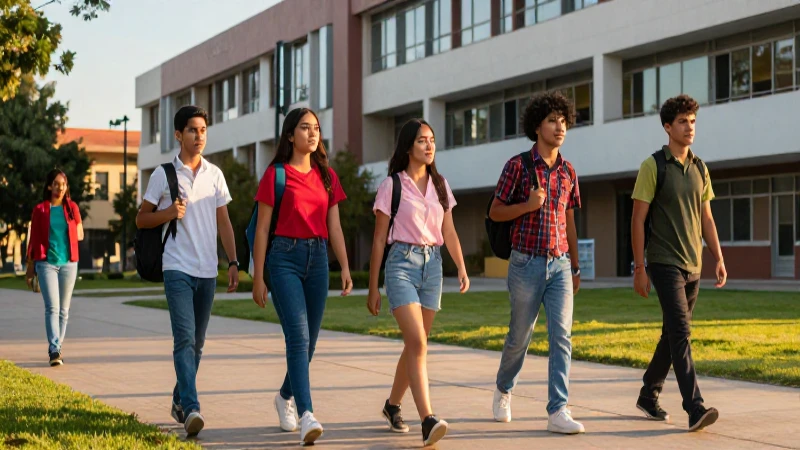 Joven mexicana vibrante en campus moderno al atardecer