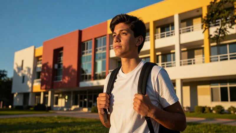 Joven mexicana en campus, luz dorada dinámica