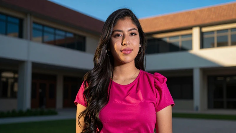 Estudiante mexicana vibrante en campus moderno y exitosa