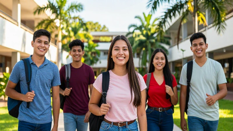 Estudiantes sonriendo en un campus mexicano moderno y vibrante