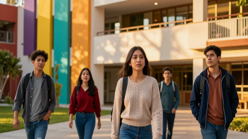 Estudiante universitario en campus moderno con luz dorada