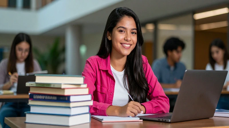 Estudiante mexicano exitoso en campus moderno