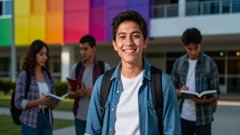 Joven mexicano exitoso en campus vibrante