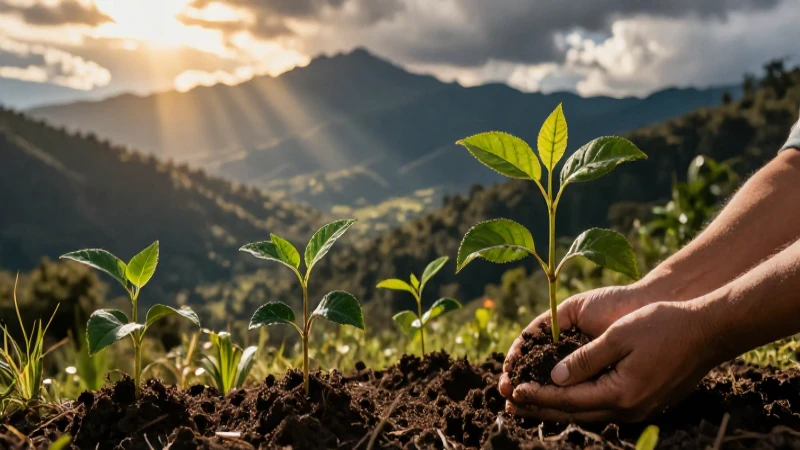 Plantación de plántulas en vibrante paisaje montañosos