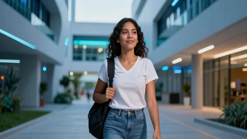 Joven mexicana segura en campus futurista