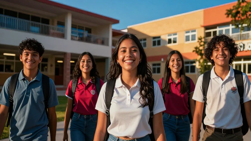 Estudiantes mexicanos sonrientes en campus moderno