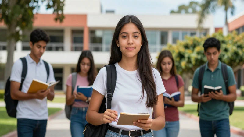 Estudiante mexicano exitoso en campus moderno