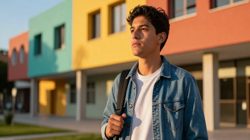 Estudiante mexicano decidido en campus con iluminación dorada