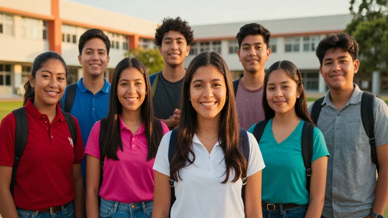 Estudiantes mexicanos sonríen en campus moderno