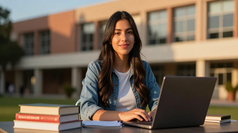 Joven mexicana poderosa en campus universitario moderno