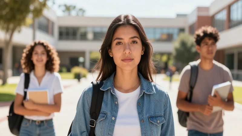 Estudiante mexicana vibrante en campus cinematográfico