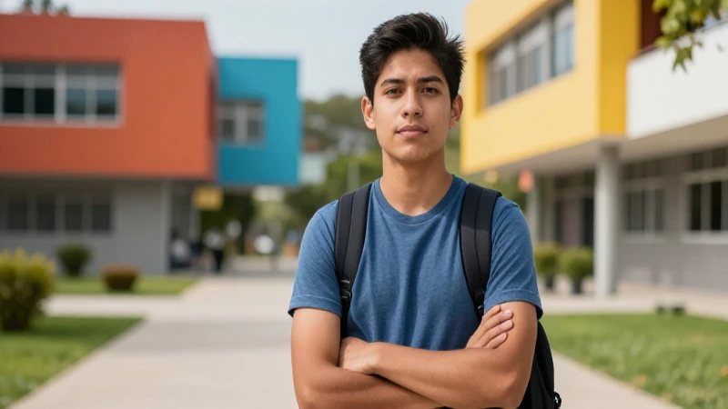 Estudiante mexicano ambicioso en campus moderno