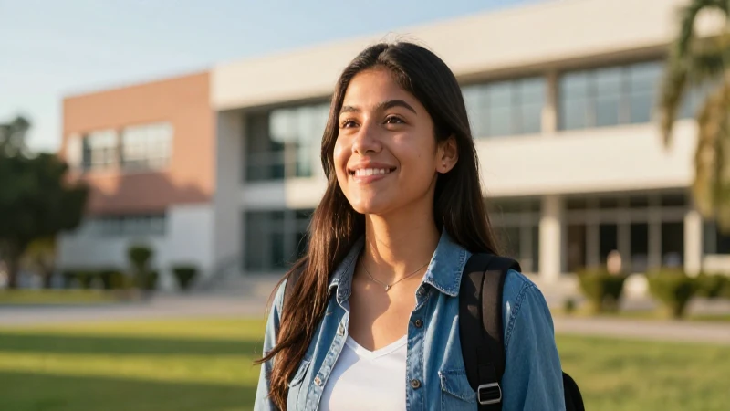 Joven mexicano sonriente en campus moderno