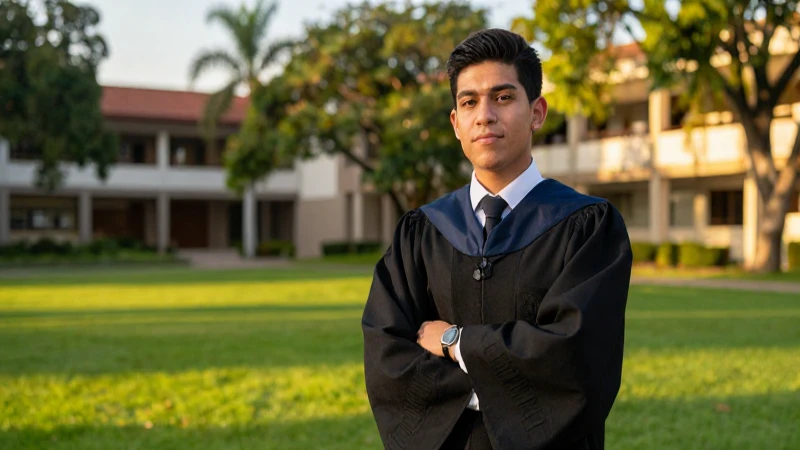 Estudiante mexicano en campus universitario al atardecer