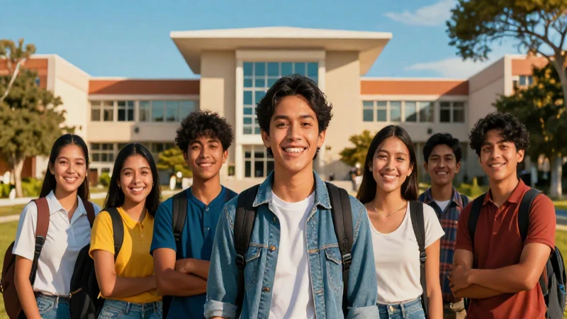 Estudiante sonriente en campus moderno y luminoso