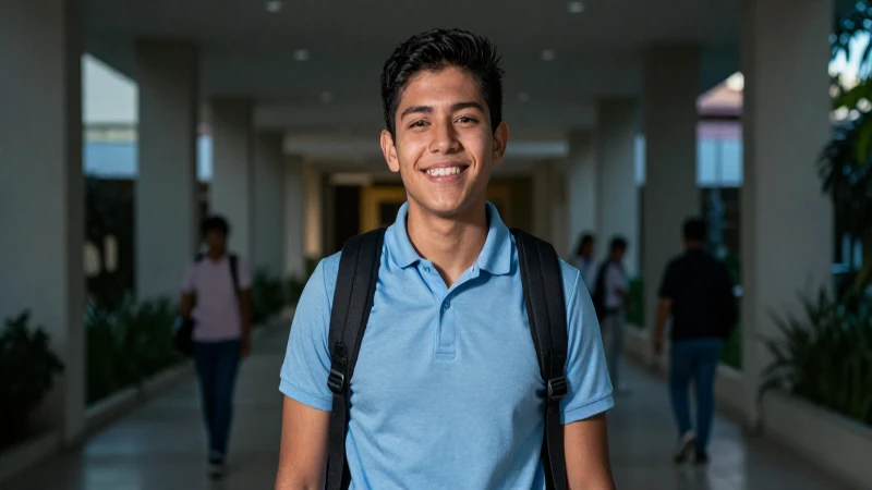 Joven mexicano sonriente en campus moderno