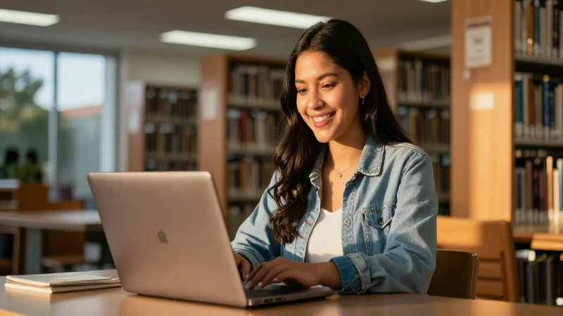 Estudiante mexicana sonríe con laptop en la biblioteca