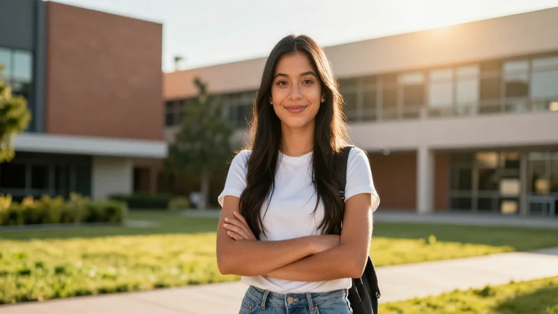 Estudiante mexicano confiado en campus universitario iluminado