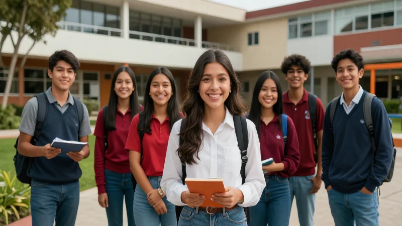 Estudiantes mexicanos alegres en campus moderno