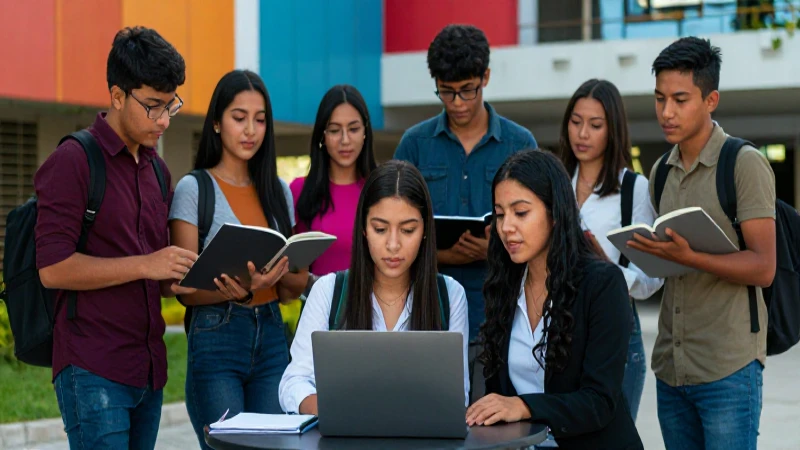 Jóvenes mexicanos colaborando en un campus vibrante