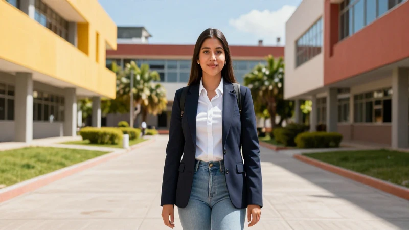 Joven mexicana segura en moderno campus universitario