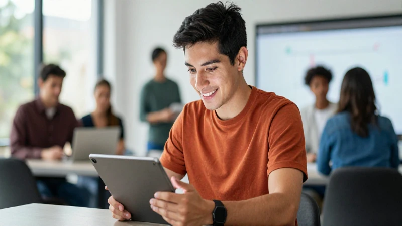 Joven mexicano trabaja en tableta con luz profesional