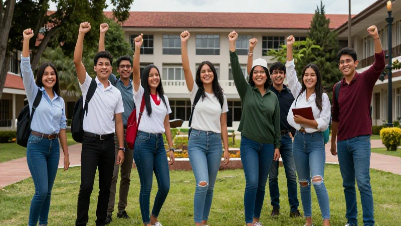 Estudiantes celebrando éxito académico en el campus