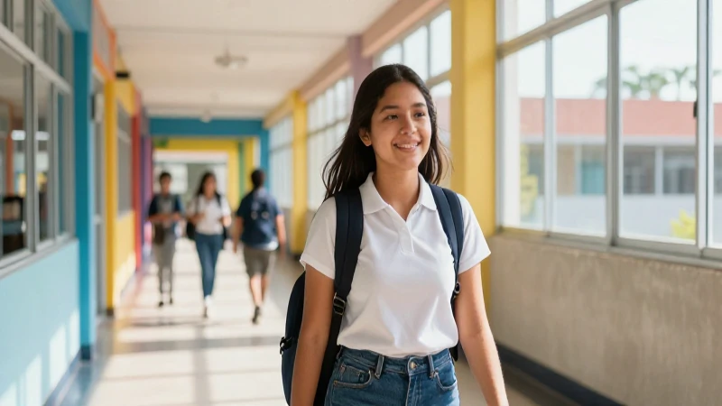 Estudiante mexicano feliz en pasillo escolar moderno y vibrante