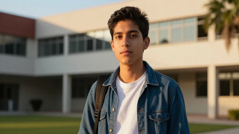 Fotografía ultra-realista de estudiante mexicano en campus