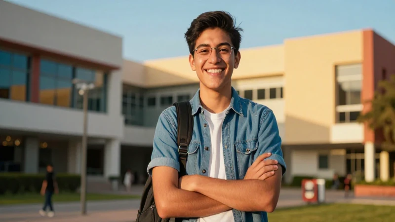 Estudiante mexicano sonríe en campus moderno
