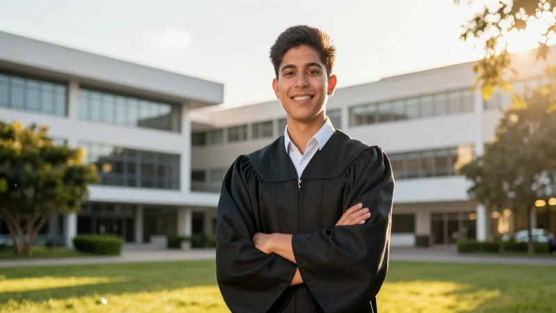 Estudiante mexicano en campus con luz dorada vibrante