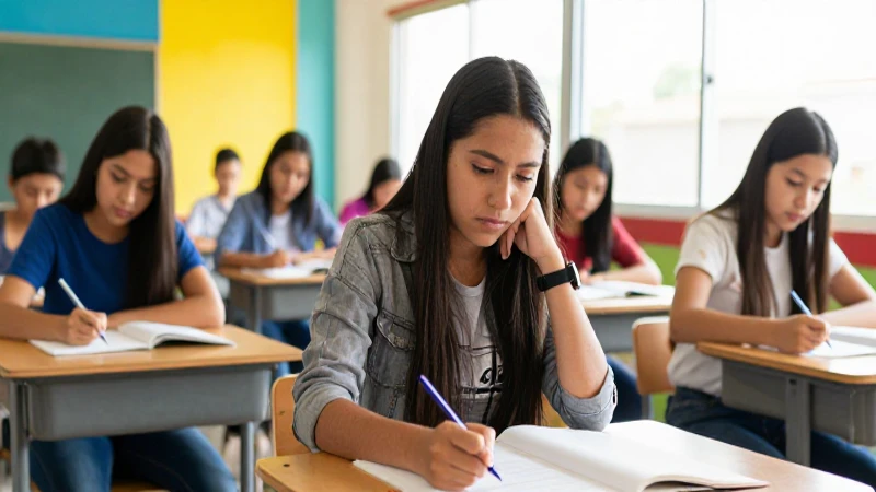 Joven mexicana estudiando con determinación en clase moderna