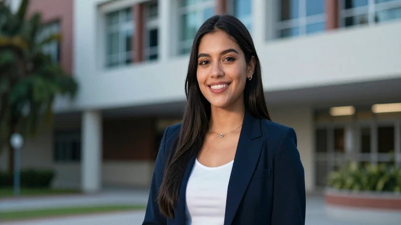 Joven mexicana sonriendo en campus moderno