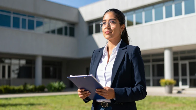 Profesora mexicana joven en campus moderno