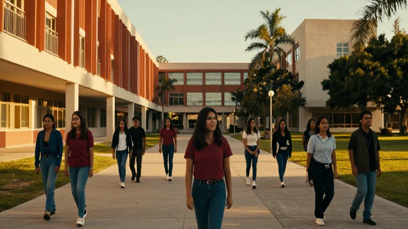 Estudiantes mexicanos en campus con luz dorada