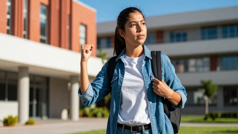 Joven mexicana ambiciosa en campus moderno