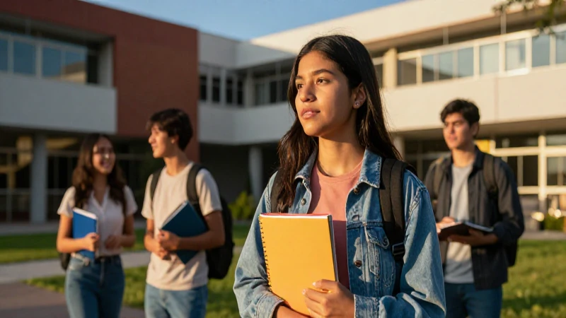 Estudiante mexicano futuro en campus bajo luz dorada