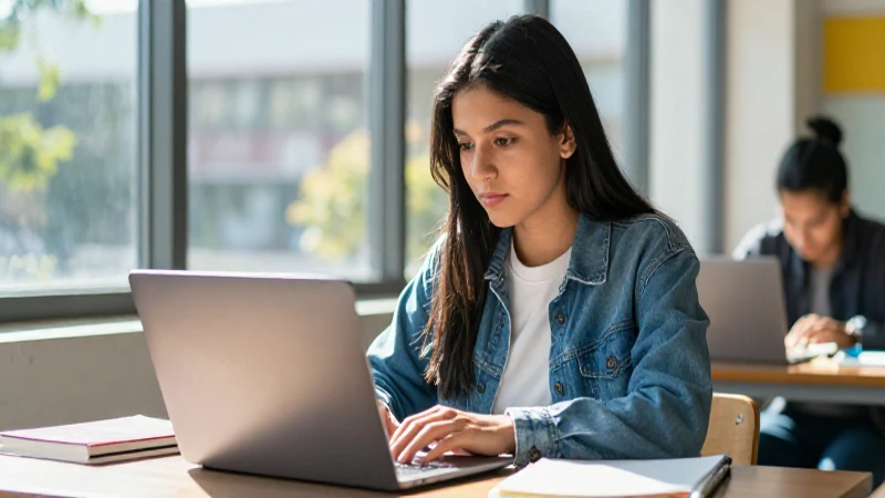 Estudiante mexicano concentrado en laptop con luz vibrante