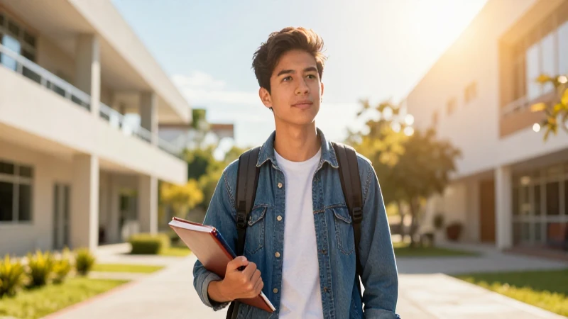 Joven estudiante en campus con luz dorada