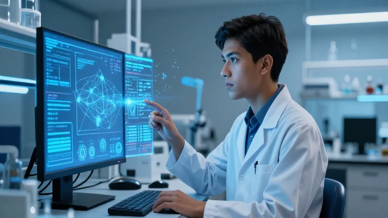 Joven mexicano en laboratorio futurista con datos vibrantes