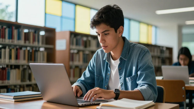 Joven estudian en biblioteca universitaria moderna