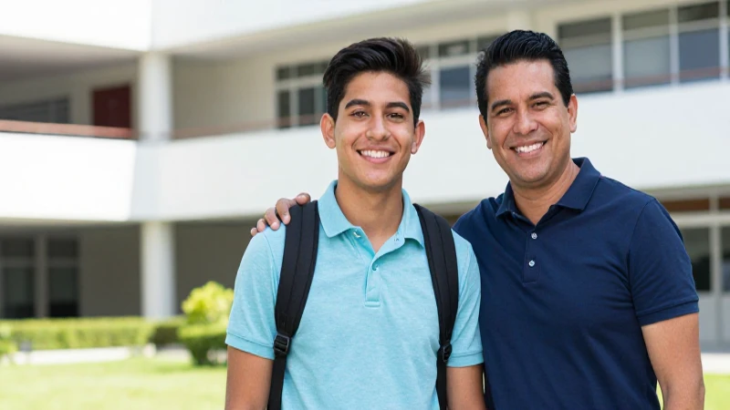Padre y estudiante mexicano universitarios sonriendo